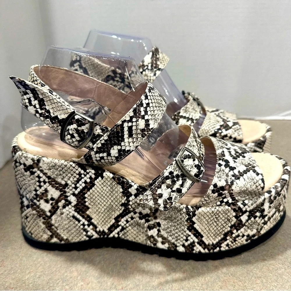 Free People Snake-Print Platform Sandals in White and Brown